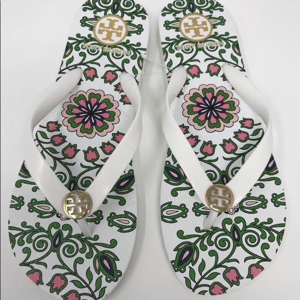 Tory burch white floral garden party flip flops